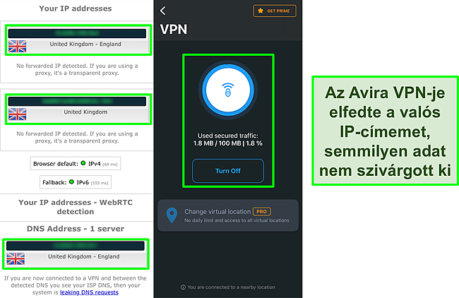 Képernyőkép az Avira VPN-jéről egy IP-szivárgási teszt eredményeivel kapcsolatban, amely nem mutat adatszivárgást.
