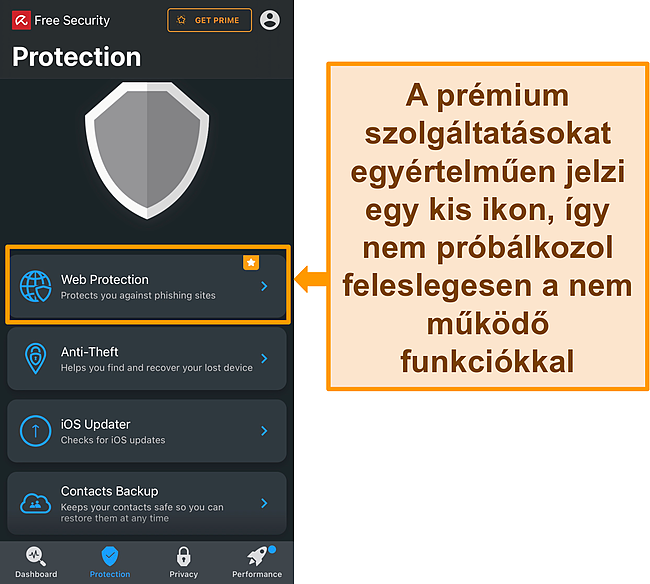 Képernyőkép az Avira iOS-alkalmazásáról a kiemelt funkció ikonjával.