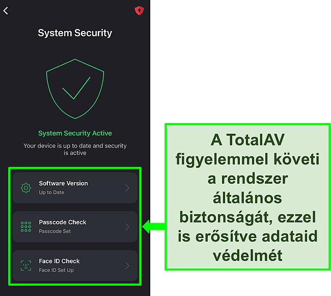 Képernyőkép a TotalAV iOS-alkalmazásáról a System Security funkció megnyitásával és a biztonsági eszközök kiemelésével.