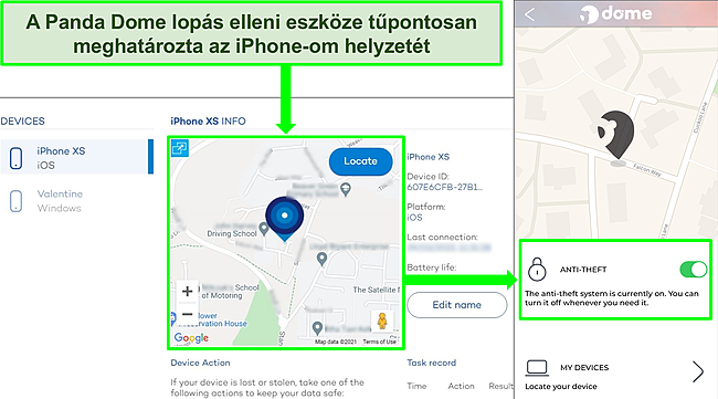 Képernyőkép a Panda lopásgátló eszközéről, amely aktív az iOS alkalmazásban, a pontos helymegjelenítéssel a Panda eszközhelyének webhelyén.