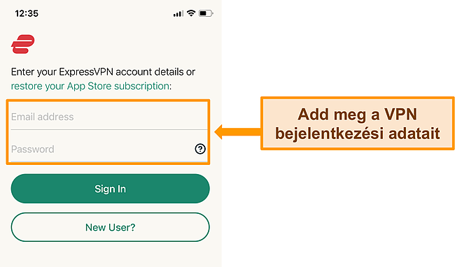 Képernyőkép az ExpressVPN iPhone alkalmazásáról a bejelentkezési képernyőn.
