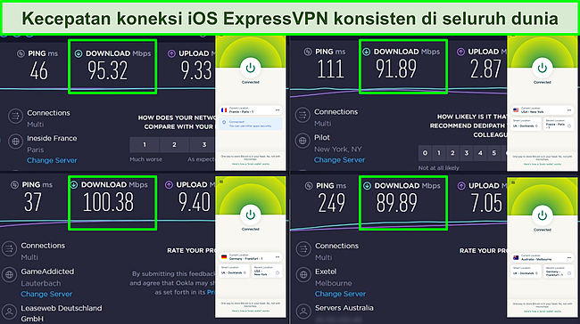 Tangkapan layar tes kecepatan Ookla dengan aplikasi iOS ExpressVPN yang terhubung ke beberapa server di seluruh dunia.