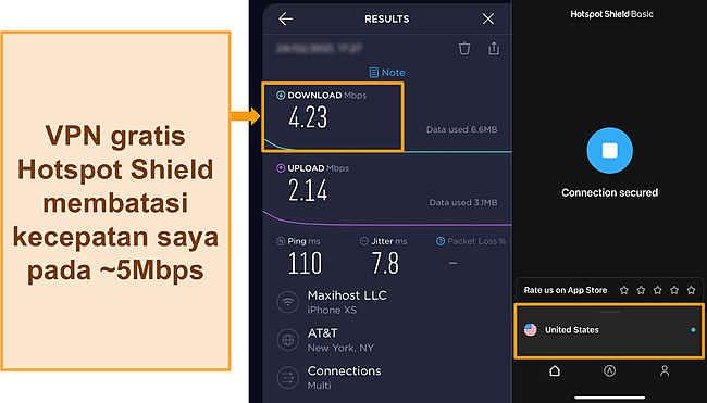 Tangkapan layar tes kecepatan Ookla dengan Hotspot Shield terhubung ke server AS.