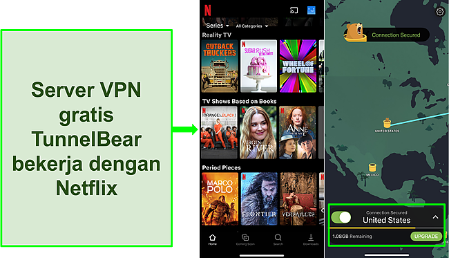 Tangkapan layar TunnelBear yang terhubung ke server AS dengan Netflix yang menampilkan konten khusus AS.