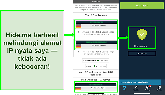 Tangkapan layar uji kebocoran IP yang menunjukkan lokasi Jerman dengan hide.me terhubung ke server Jerman.