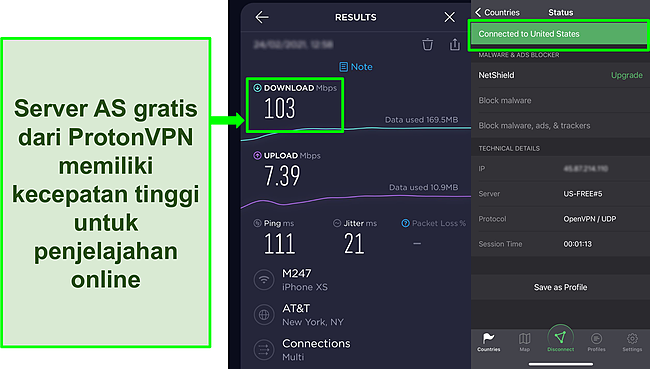 Tangkapan layar hasil tes kecepatan Ookla saat terhubung ke salah satu server AS gratis Proton VPN.