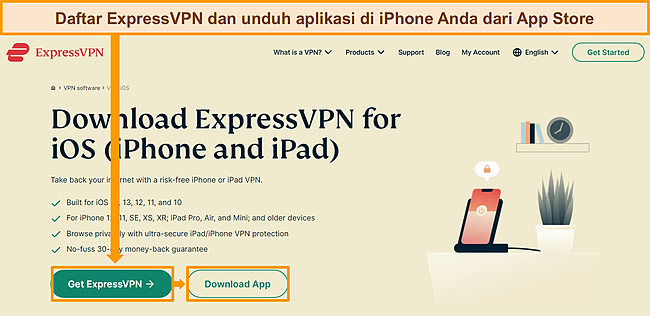 Tangkapan layar situs web ExpressVPN dengan opsi berlangganan dan unduh untuk iOS.