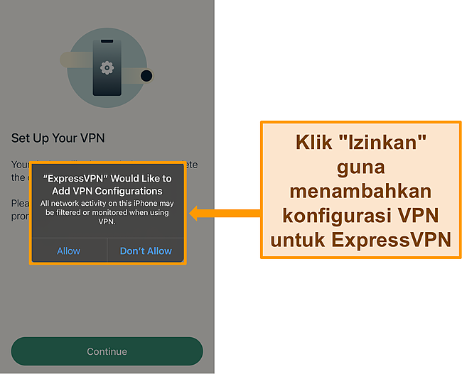 Cuplikan layar aplikasi iOS ExpressVPN yang meminta izin untuk mengizinkan konfigurasi VPN.