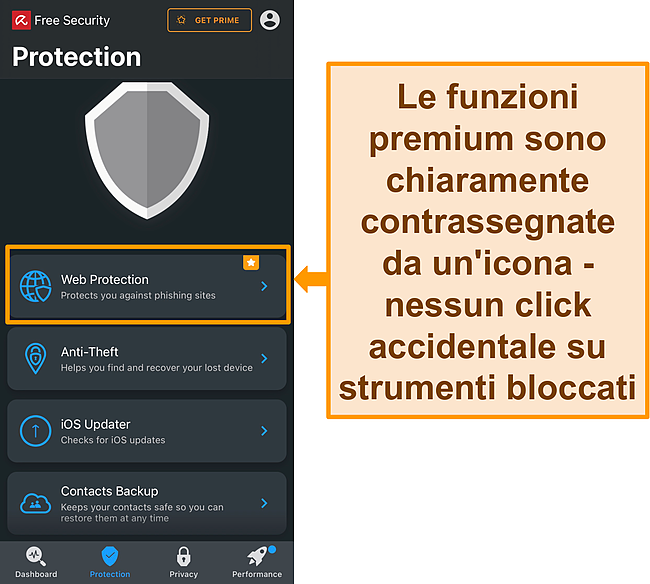 Screenshot dell'app iOS di Avira con l'icona delle funzionalità premium evidenziata.