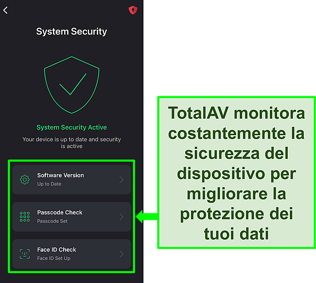 Screenshot dell'app iOS di TotalAV con la funzione di sicurezza del sistema aperta e gli strumenti di sicurezza evidenziati.