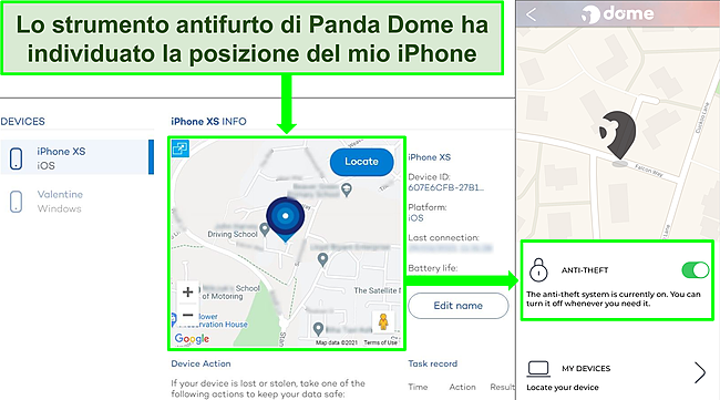 Screenshot dello strumento antifurto di Panda attivo sull'app iOS con la posizione precisa mostrata sul sito Web di localizzazione del dispositivo di Panda.