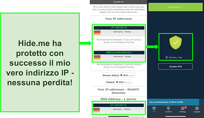 Screenshot del test di tenuta IP che mostra le località tedesche con hide.me connesso a un server tedesco.