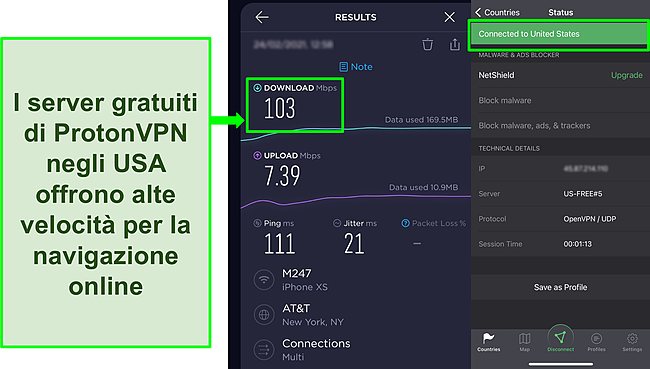 Screenshot del risultato del test di velocità di Ookla quando connesso a uno dei server statunitensi gratuiti di Proton VPN.