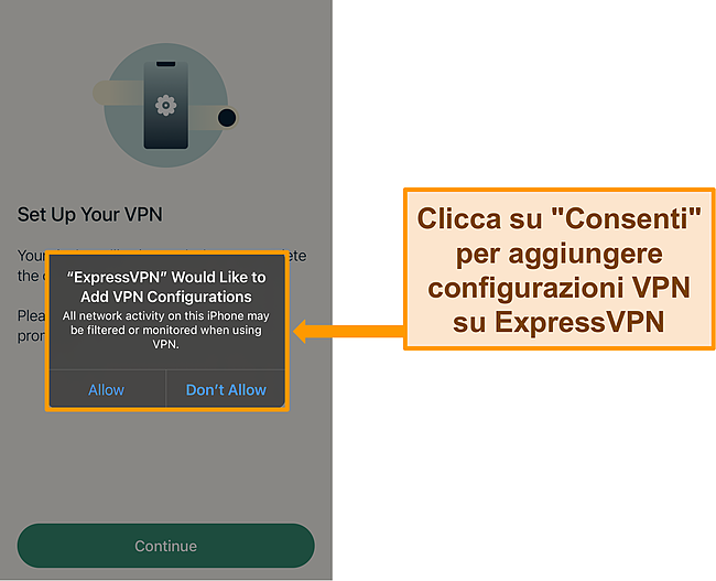 Screenshot dell'app iOS di ExpressVPN che richiede l'autorizzazione per consentire le configurazioni VPN.