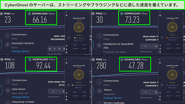 フランス、ドイツ、米国、オーストラリアのOokla速度テストのスクリーンショットで、CyberGhostサーバーのダウンロード速度を示しています。