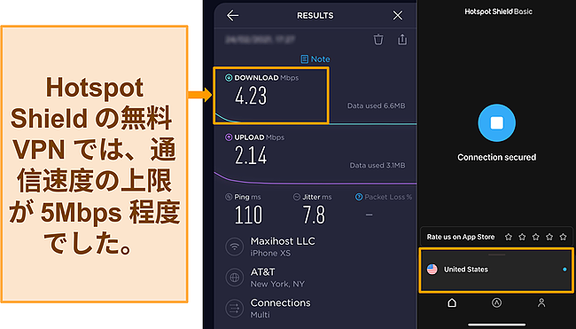 米国のサーバーに接続されたHotspotShieldを使用したOokla速度テストのスクリーンショット。