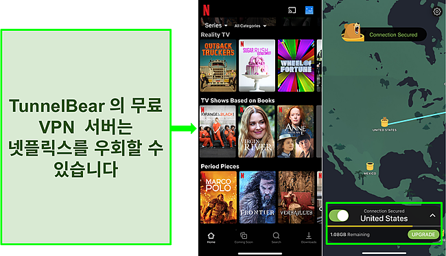 미국 전용 콘텐츠를 보여주는 Netflix가 있는 미국 서버에 연결된 TunnelBear의 스크린샷.