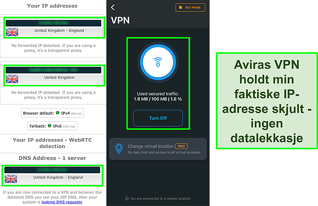 Skjermbilde av Aviras VPN koblet til resultatene av en IP-lekkasjetest som ikke viser datalekkasjer.