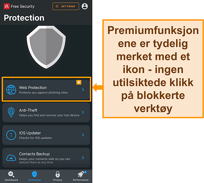 Skjermbilde av Aviras iOS-app med premium-funksjonsikon uthevet.