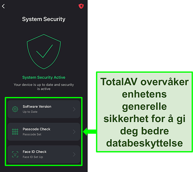 Skjermbilde av TotalAVs iOS-app med systemsikkerhetsfunksjonen åpen og sikkerhetsverktøy uthevet.