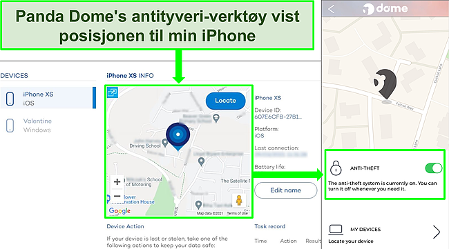 Skjermbilde av Pandas tyverisikringsverktøy som er aktivt på iOS-appen med den nøyaktige posisjonsvisningen på Pandas nettsted for enhetsplassering.