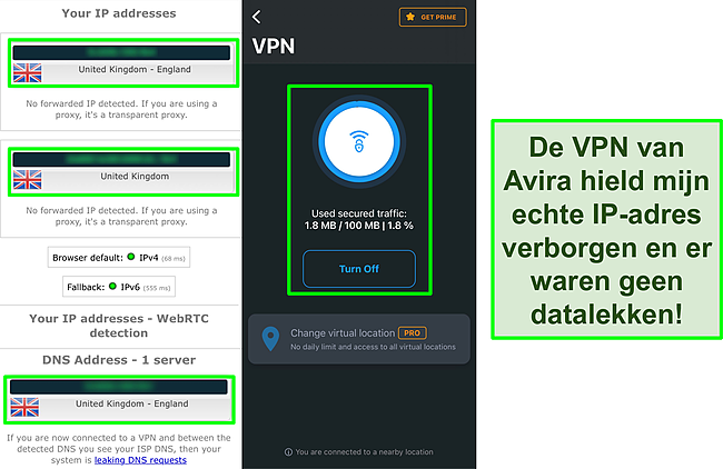 Screenshot van Avira's VPN verbonden met de resultaten van een IP-lektest waaruit blijkt dat er geen datalekken zijn.
