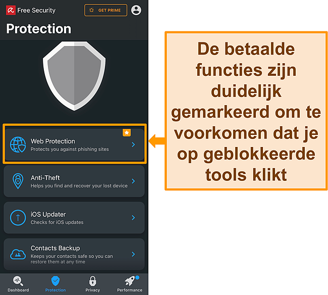 Screenshot van Avira's iOS-app met het premium-functiepictogram gemarkeerd.