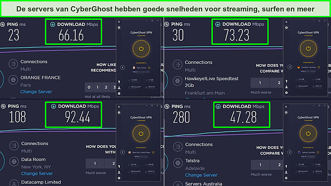 Screenshot van Ookla-snelheidstests uit Frankrijk, Duitsland, de VS en Australië met downloadsnelheden voor CyberGhost-servers.