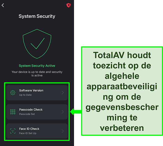 Schermafbeelding van de iOS-app van TotalAV met de functie Systeembeveiliging open en beveiligingshulpmiddelen gemarkeerd.