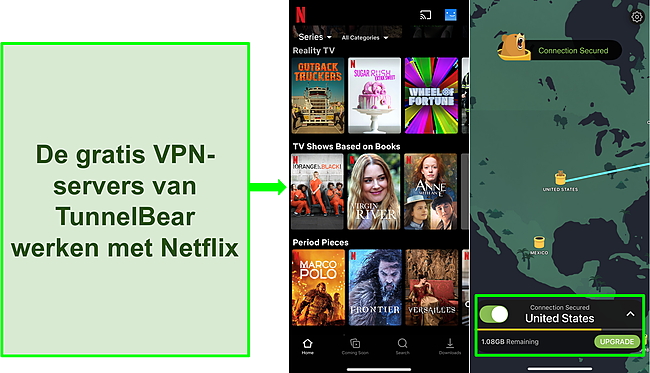 Screenshot van TunnelBear verbonden met een Amerikaanse server met Netflix die alleen Amerikaanse inhoud toont.