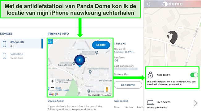 Screenshot van Panda's antidiefstaltool actief in de iOS-app met de exacte locatieweergave op Panda's website voor apparaatlocatie.