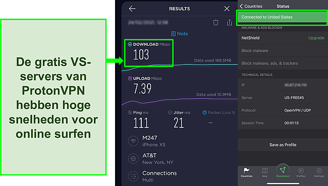 Screenshot van het resultaat van de Ookla-snelheidstest bij verbinding met een van de gratis Amerikaanse Proton VPN-servers.