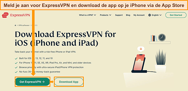 Screenshot van de website van ExpressVPN met abonnements- en downloadopties voor iOS.