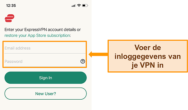 Screenshot van de iPhone-app van ExpressVPN op het inlogscherm.