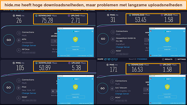 Screenshot van de snelheidstestresultaten van hide.me uit Nederland, Duitsland en de VS.