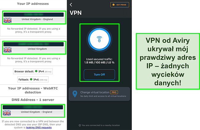 Zrzut ekranu VPN Aviry połączony z wynikami testu wycieku IP pokazujący brak wycieków danych.