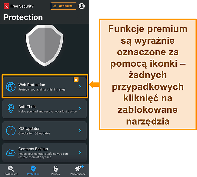 Zrzut ekranu aplikacji Avira na iOS z podświetloną ikoną funkcji premium.