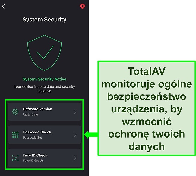 Zrzut ekranu aplikacji TotalAV na iOS z otwartą funkcją System Security i podświetlonymi narzędziami bezpieczeństwa.