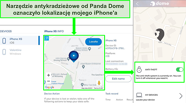 Zrzut ekranu narzędzia antykradzieżowego Pandy aktywnego w aplikacji na iOS z dokładną lokalizacją wyświetlaną na stronie internetowej lokalizacji urządzenia Pandy.