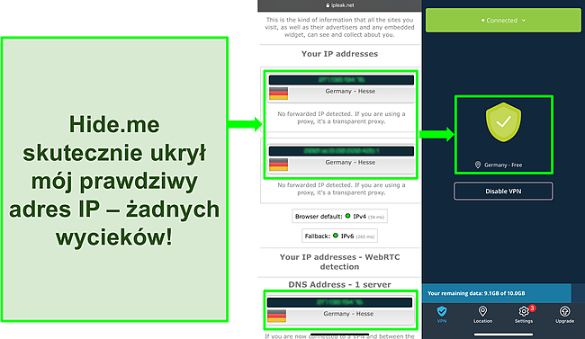 Zrzut ekranu testu szczelności IP pokazujący niemieckie lokalizacje z hide.me połączonym z niemieckim serwerem.