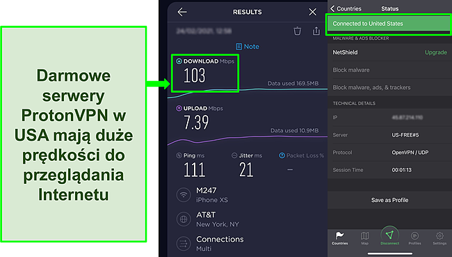 Zrzut ekranu z wynikiem testu prędkości Ookla po podłączeniu do jednego z bezpłatnych serwerów Proton VPN w USA.