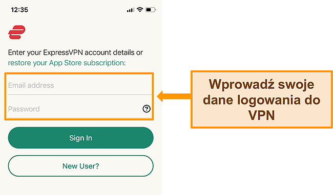 Zrzut ekranu aplikacji ExpressVPN na iPhone'a na ekranie logowania.