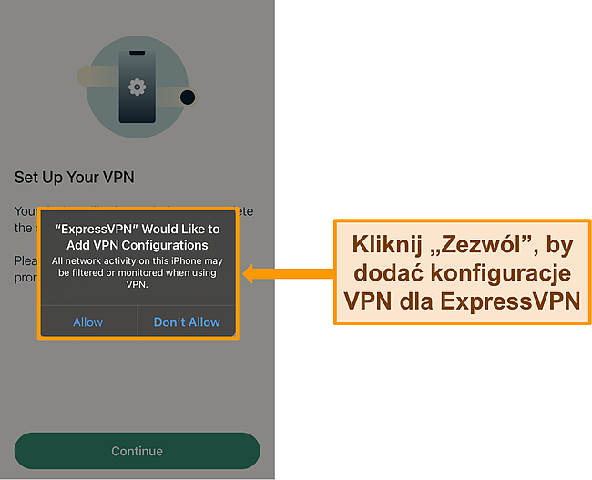 Zrzut ekranu aplikacji ExpressVPN na iOS żądającej pozwolenia na konfiguracje VPN.