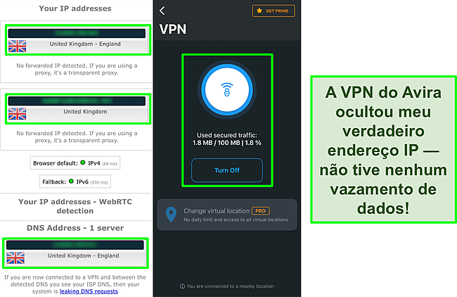 Captura de tela da VPN da Avira conectada aos resultados de um teste de vazamento de IP que não mostra vazamentos de dados.