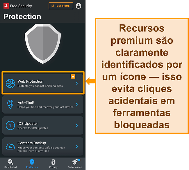 Captura de tela do aplicativo iOS da Avira com o ícone de recurso premium destacado.