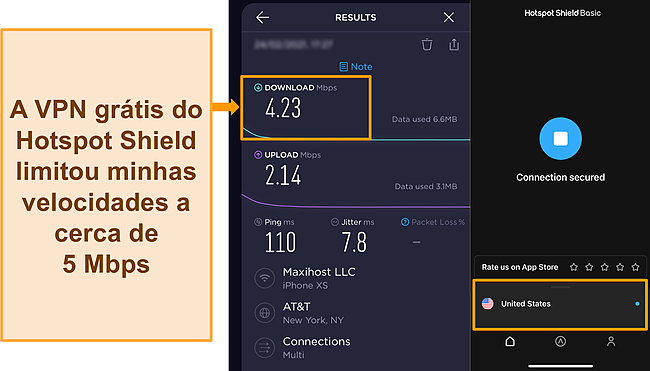 Captura de tela do teste de velocidade Ookla com Hotspot Shield conectado a um servidor dos EUA.