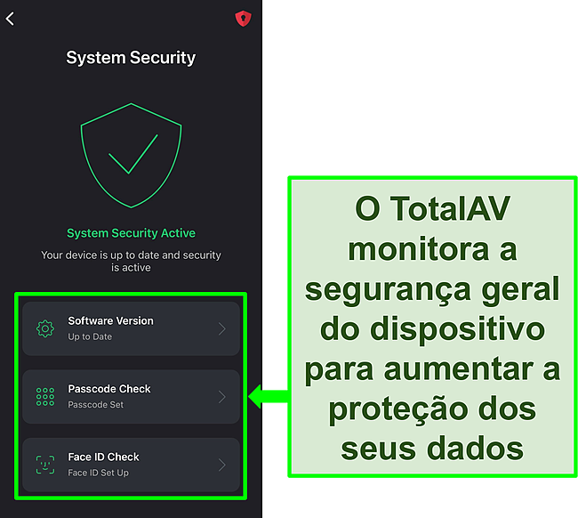 Captura de tela do aplicativo iOS da TotalAV com o recurso System Security aberto e ferramentas de segurança destacadas.