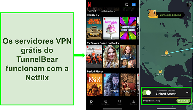 Captura de tela do TunnelBear conectado a um servidor dos EUA com Netflix exibindo conteúdo apenas dos EUA.