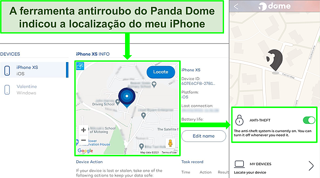 Captura de tela da ferramenta antirroubo da Panda ativa no aplicativo iOS com a exibição precisa da localização no site de localização do dispositivo da Panda.