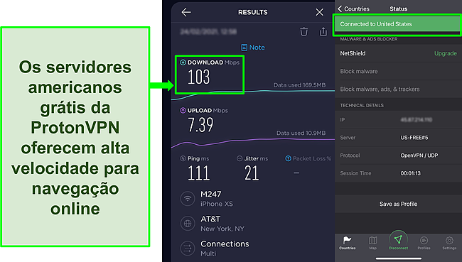 Captura de tela do resultado do teste de velocidade Ookla quando conectado a um dos servidores americanos gratuitos Proton VPN.